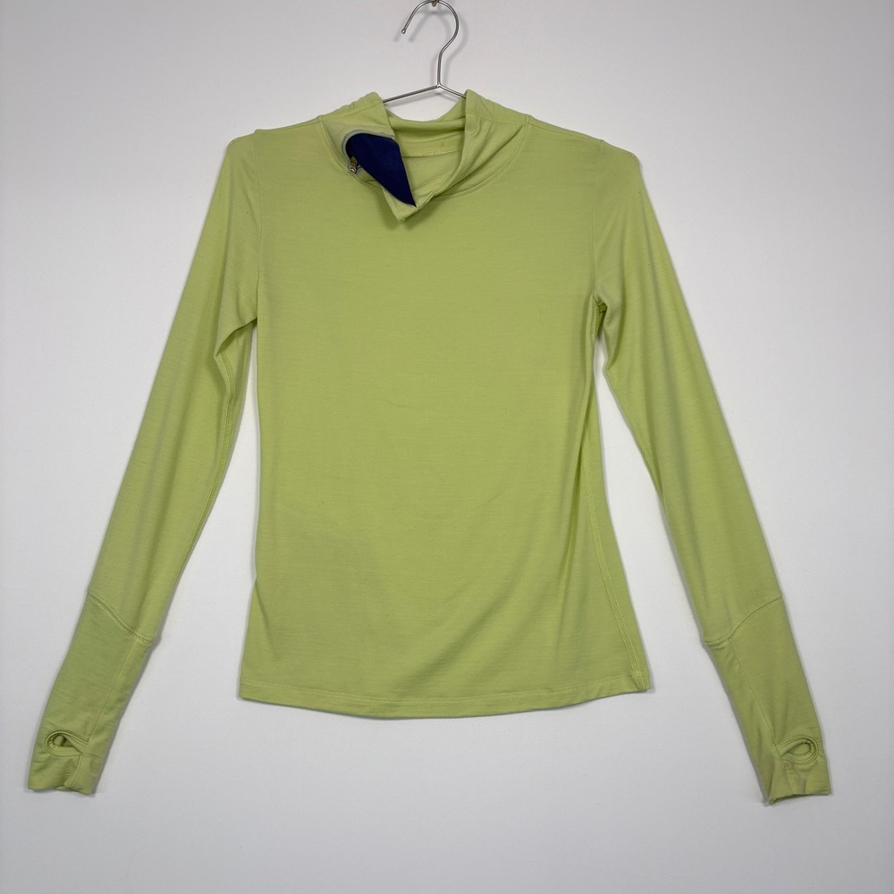 Oiselle Women Running Top 4 Lime Green Merino Wool Thumbhole Zip Neck Pocket